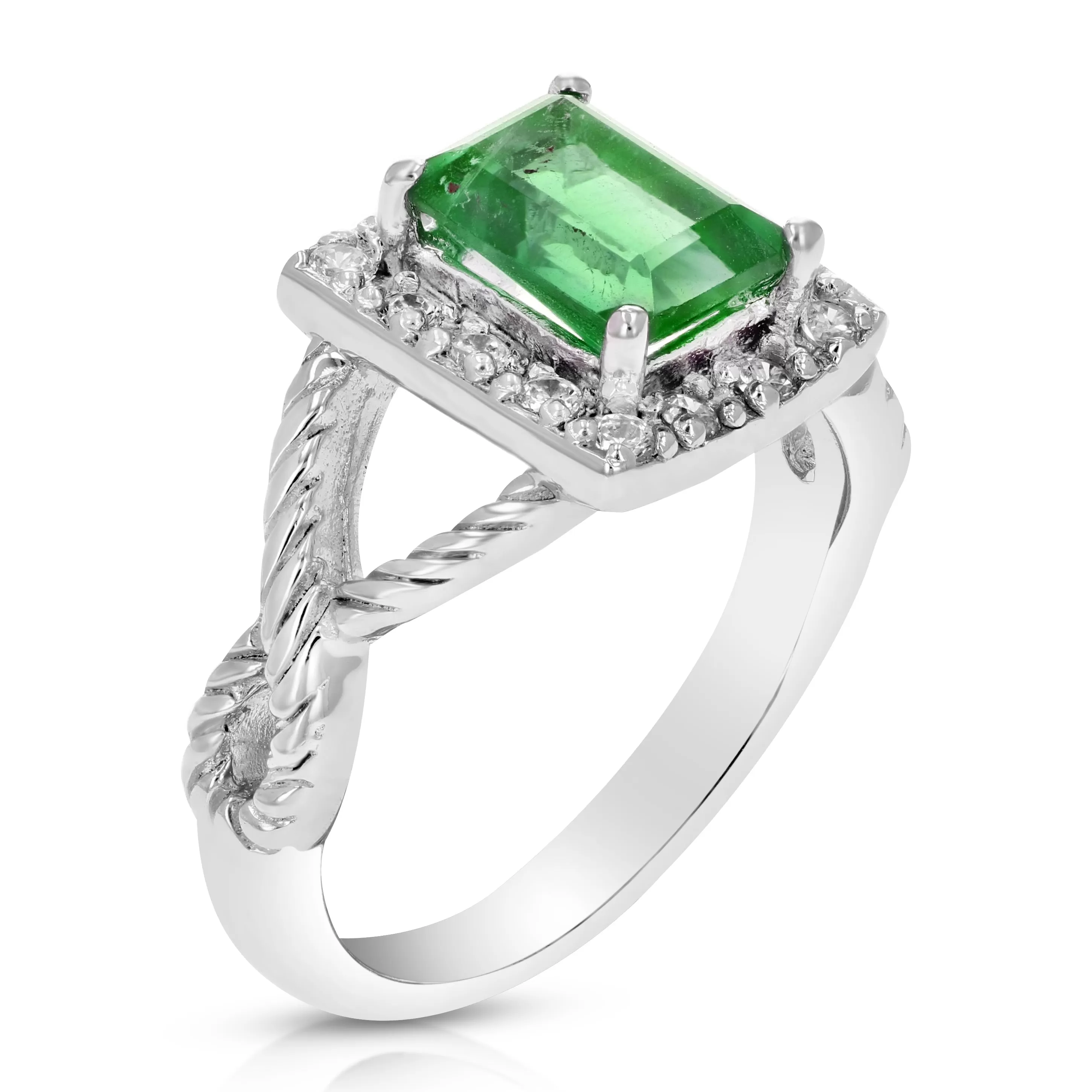 0.90 cttw Green Topaz Ring .925 Sterling Silver with Rhodium Emerald Cut 7x5 MM