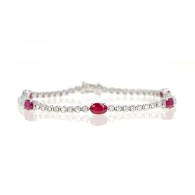 14K White Gold Oval Natural Ruby Diamond Tennis Bracelet