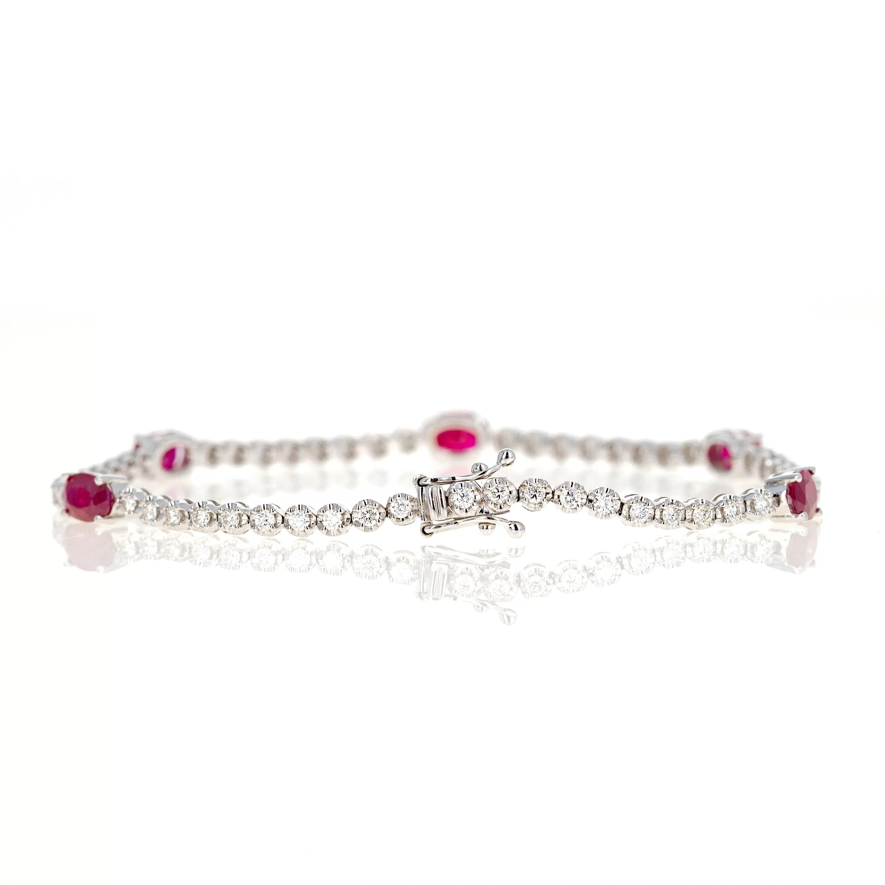 14K White Gold Oval Natural Ruby Diamond Tennis Bracelet