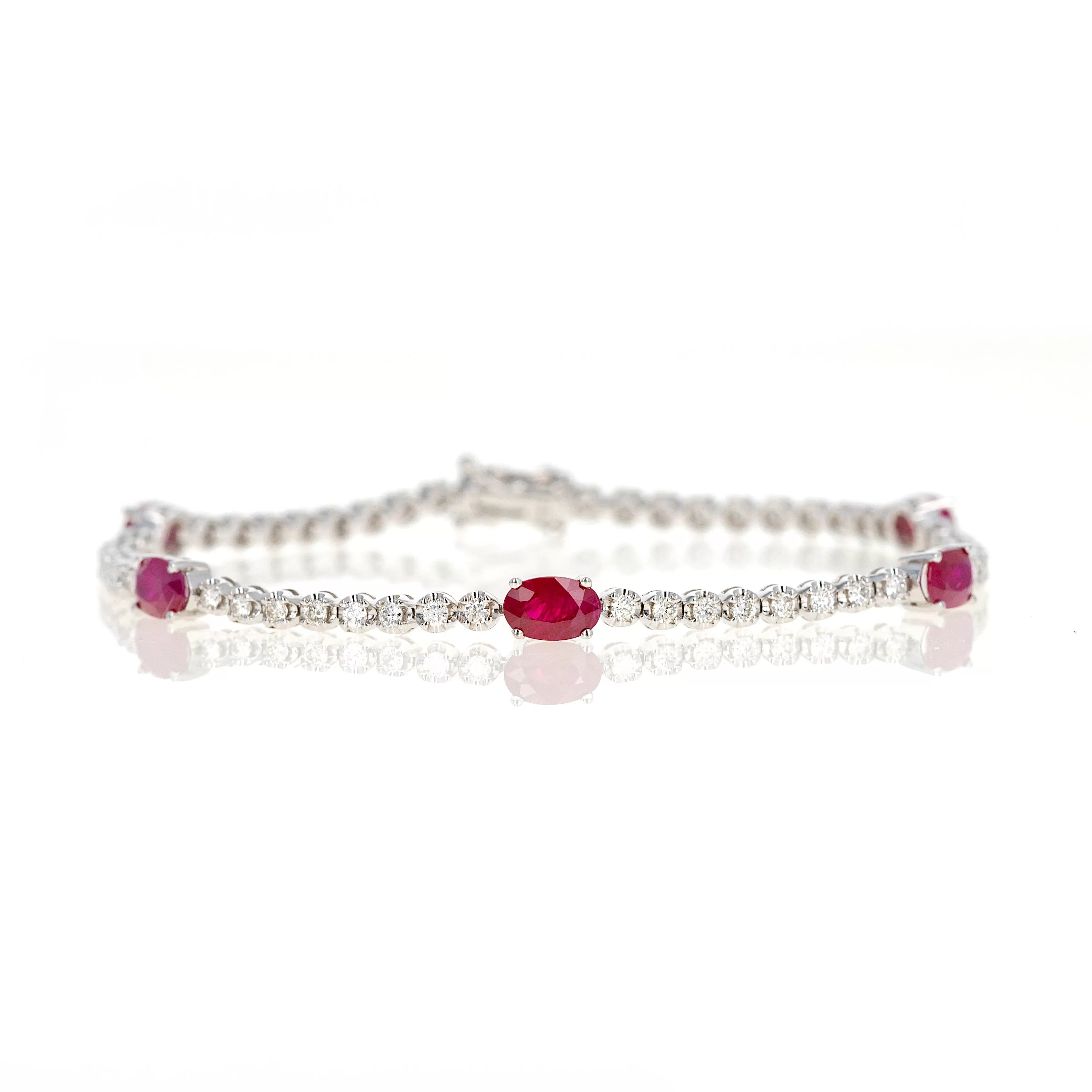 14K White Gold Oval Natural Ruby Diamond Tennis Bracelet