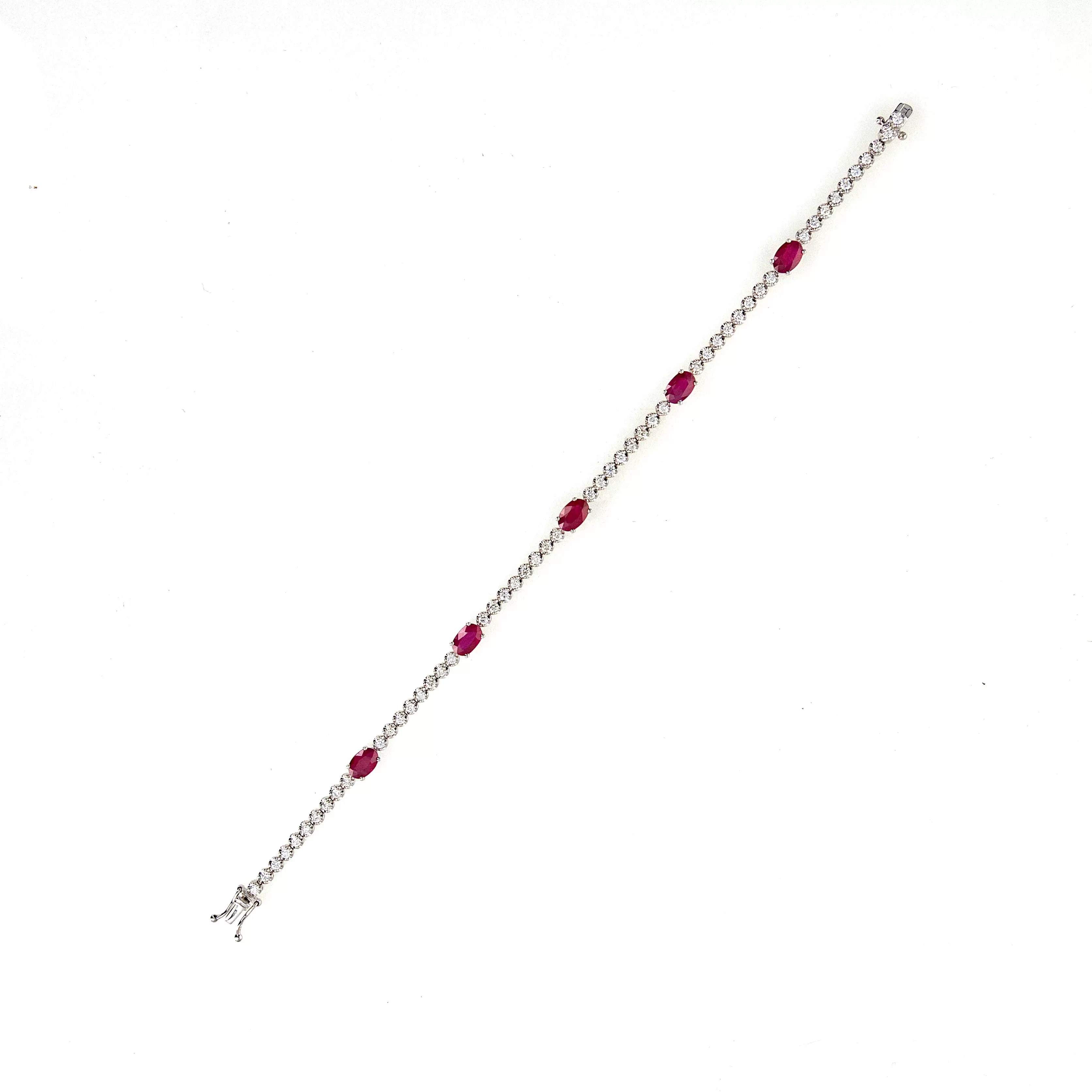 14K White Gold Oval Natural Ruby Diamond Tennis Bracelet