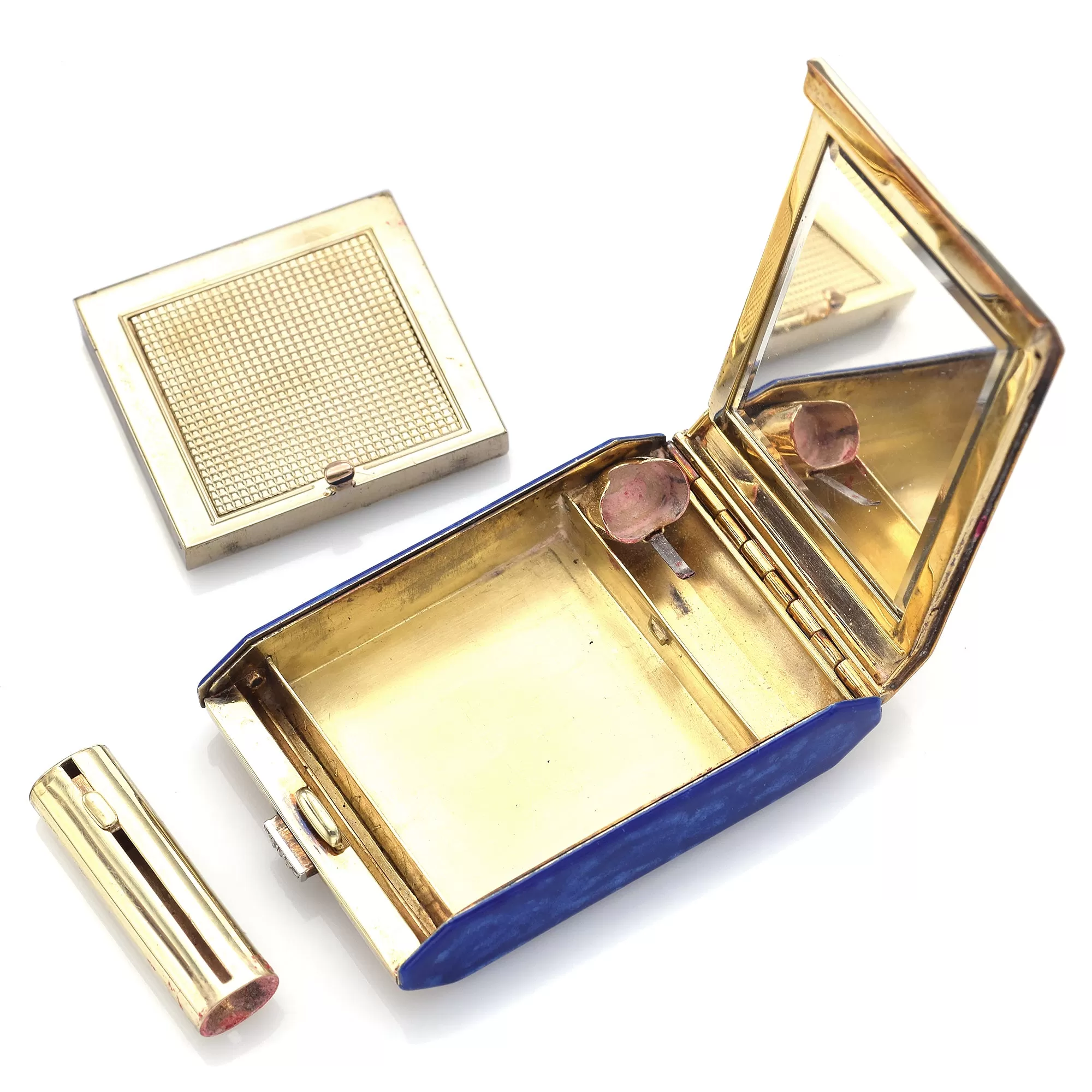 Antique 14K Gold Diamond Blue Enamel Compact Lipstick Powder & Mirror Case