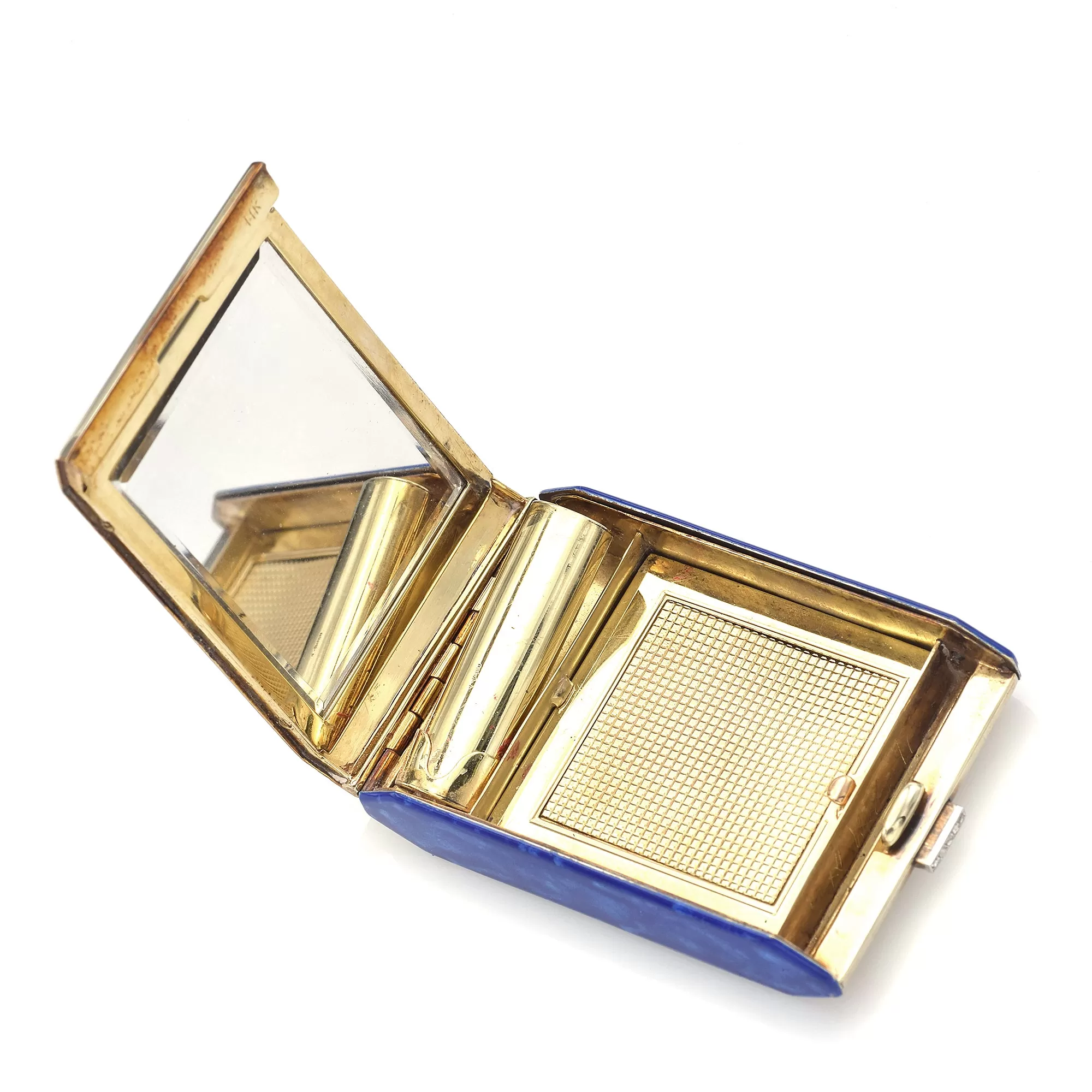 Antique 14K Gold Diamond Blue Enamel Compact Lipstick Powder & Mirror Case