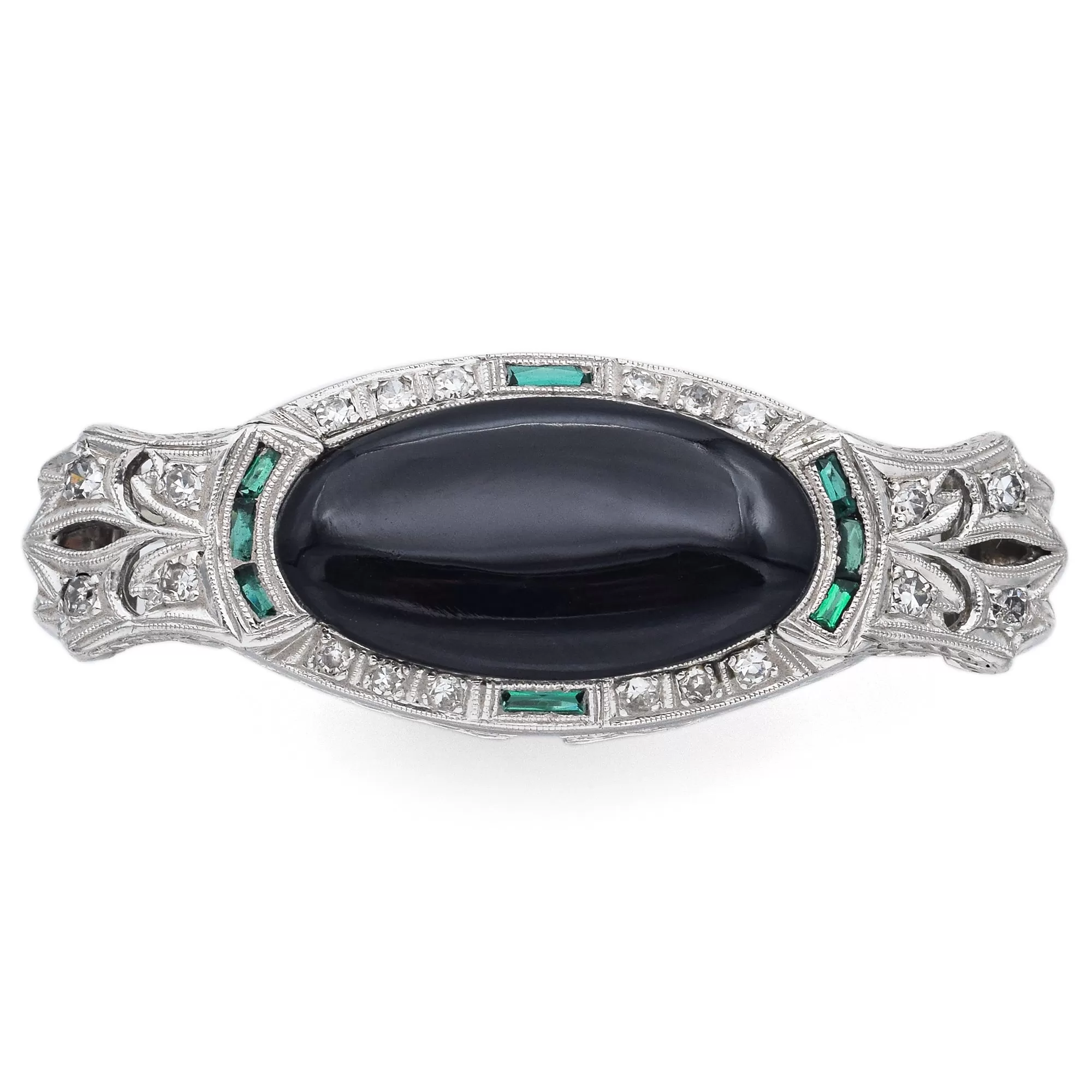 Antique Onyx, Emerald and 0.40 TCW Diamond Platinum Brooch Pin