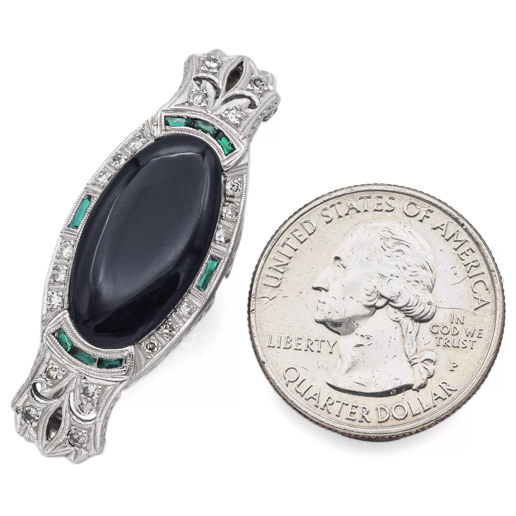 Antique Onyx, Emerald and 0.40 TCW Diamond Platinum Brooch Pin