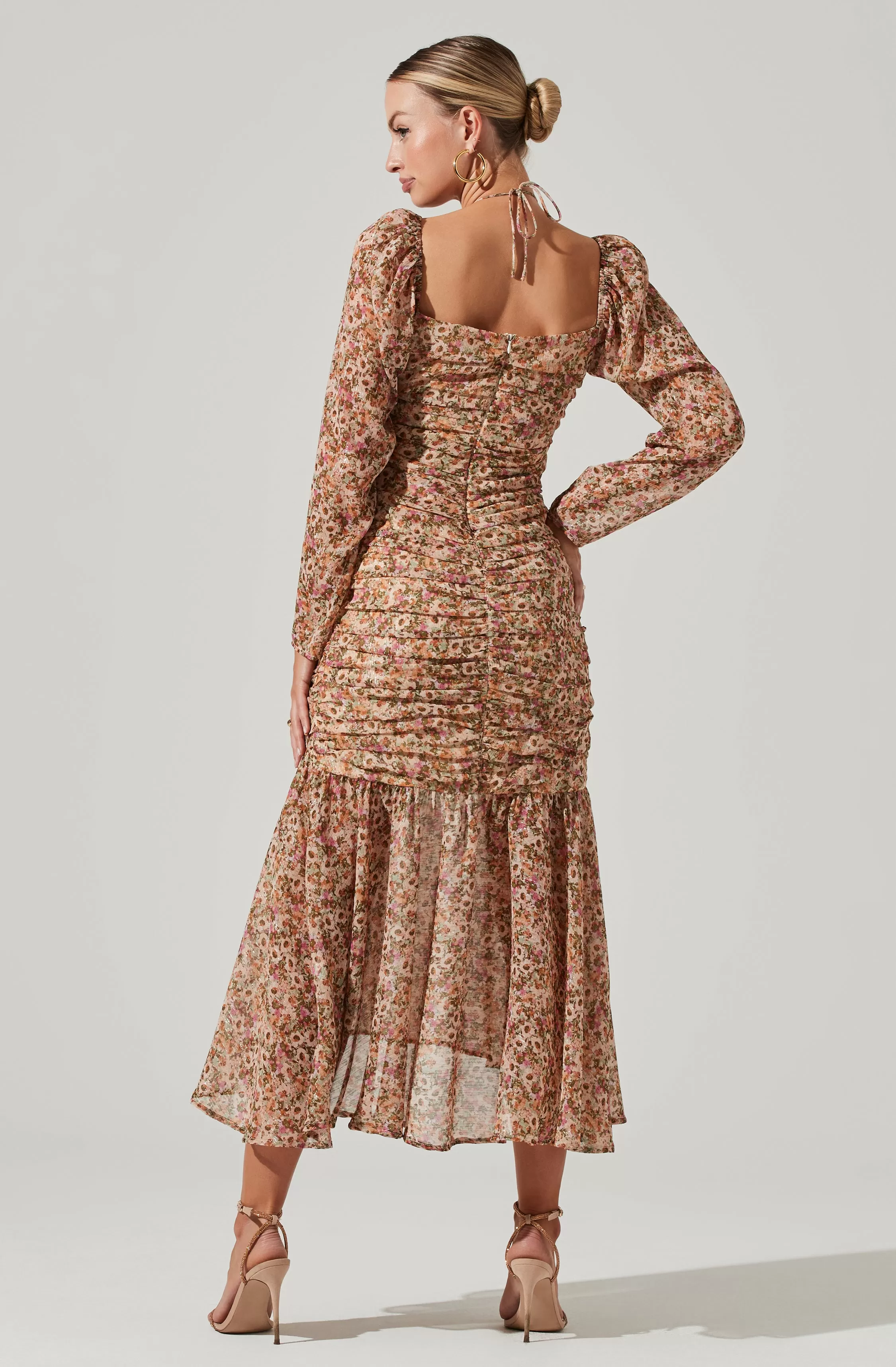 Athena Floral Ruched Long Sleeve Midi Dress