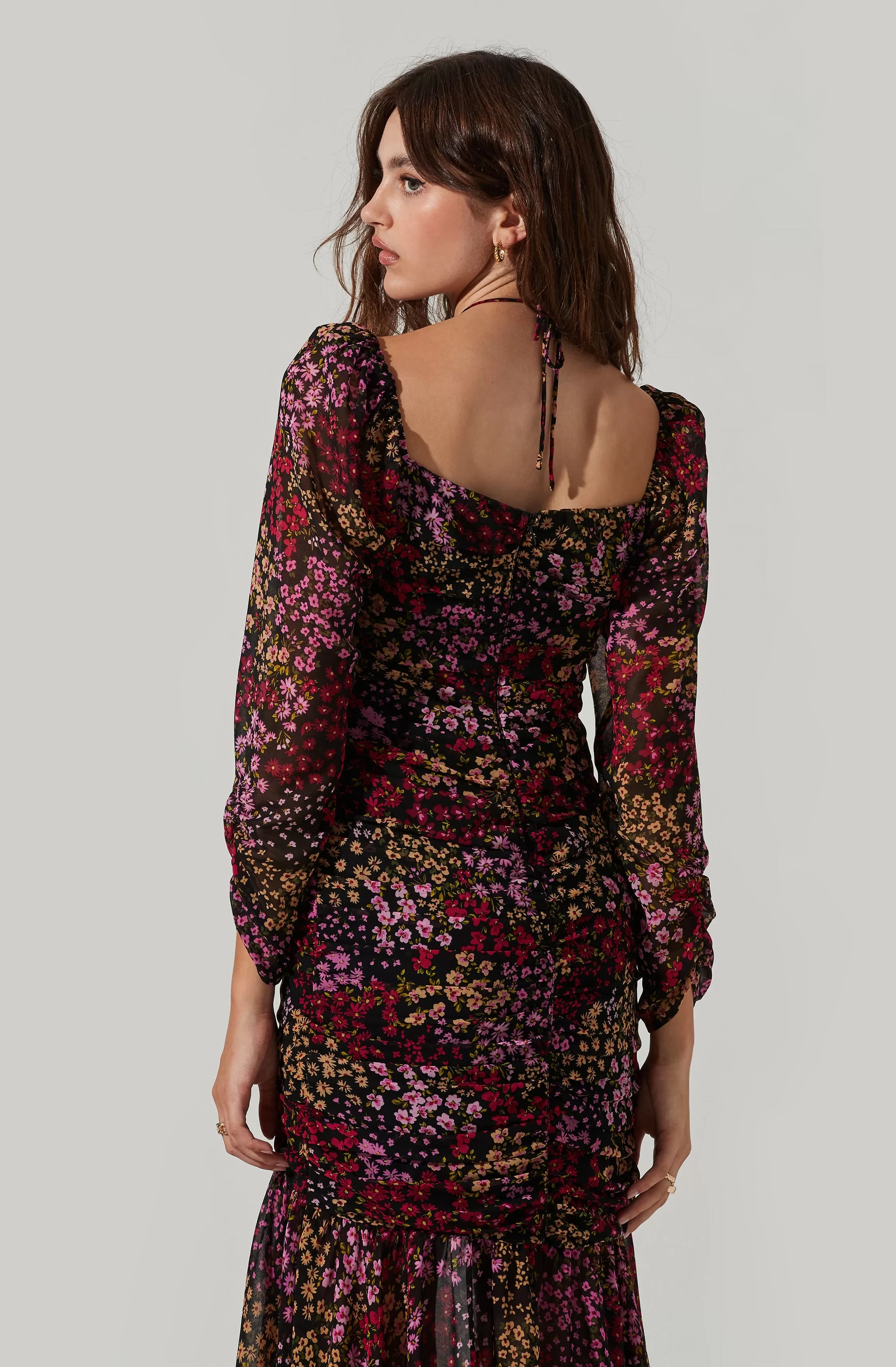 Athena Floral Ruched Long Sleeve Midi Dress