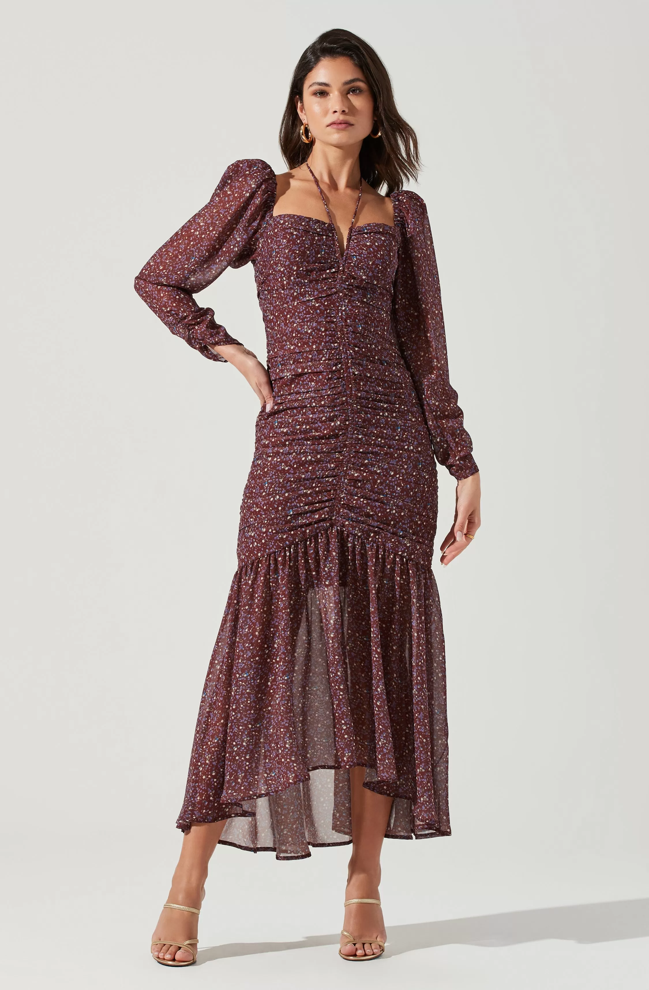 Athena Floral Ruched Long Sleeve Midi Dress