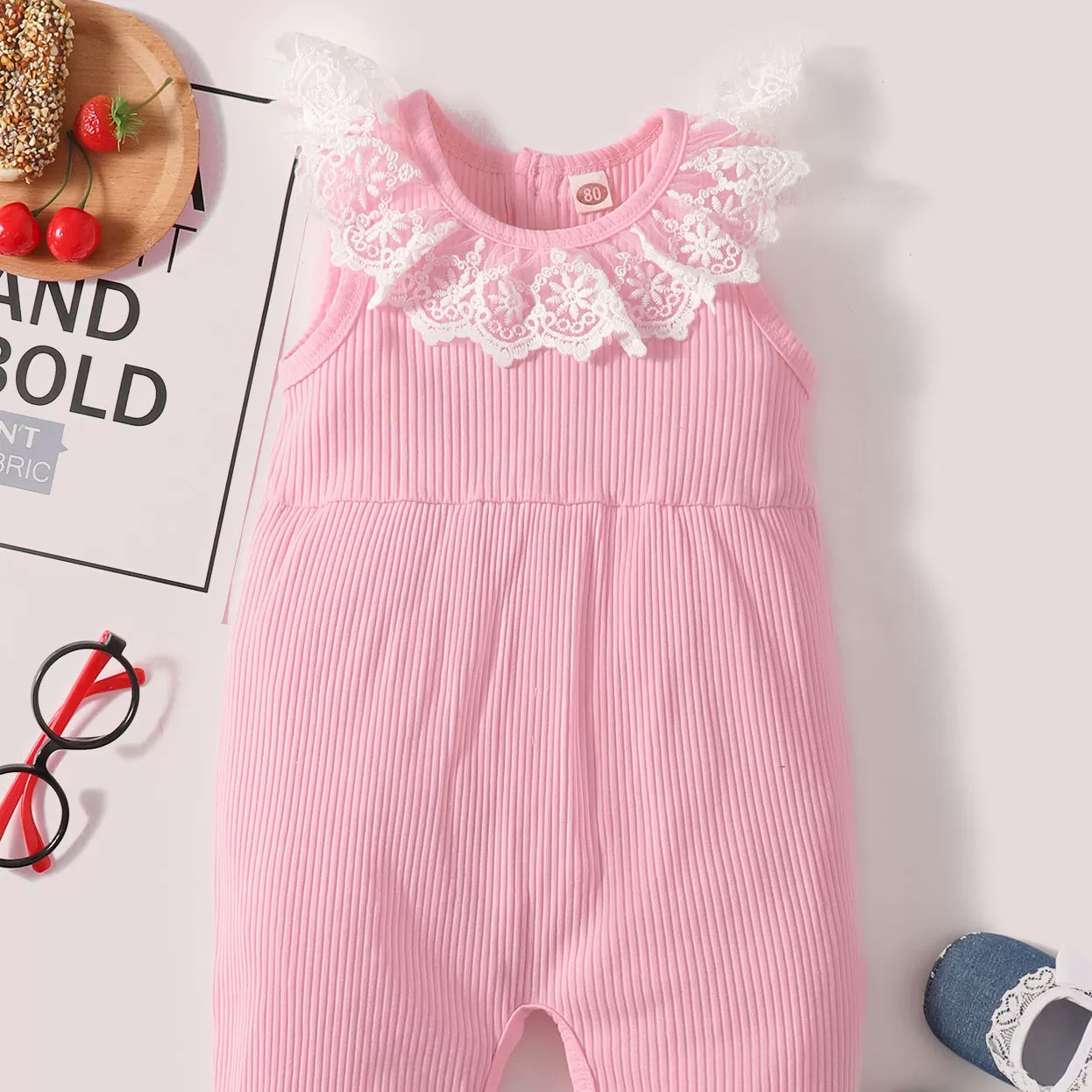 Baby Girls Solid Color Striped Lace Jumpsuits