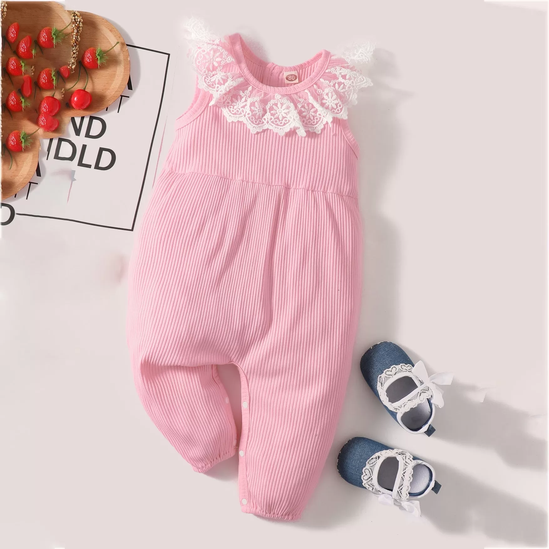 Baby Girls Solid Color Striped Lace Jumpsuits