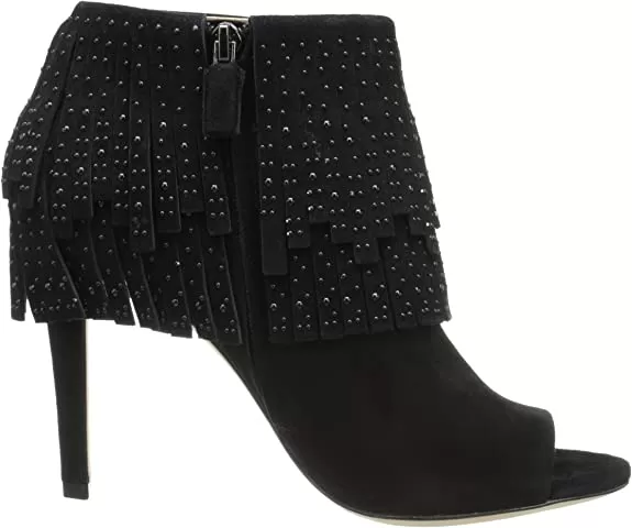 BCBG MAXAZRIA Raimi Bootie Black Suede Peep Toe Fringe High Heel Ankle Boots