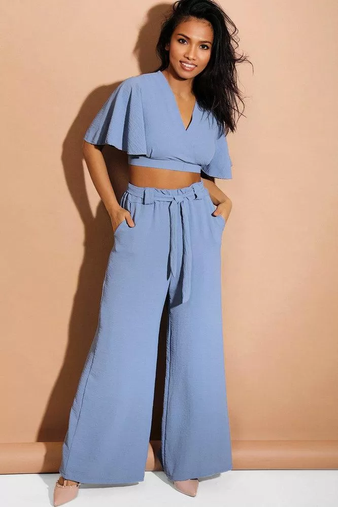 Blue Back Tie Crop Top And Palazzo Trousers Set