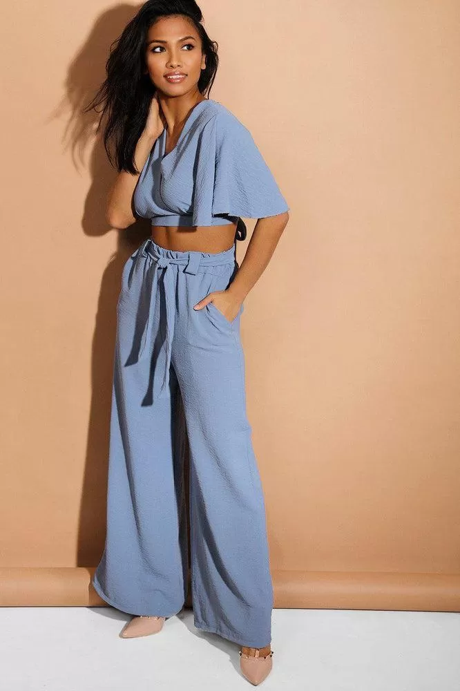 Blue Back Tie Crop Top And Palazzo Trousers Set