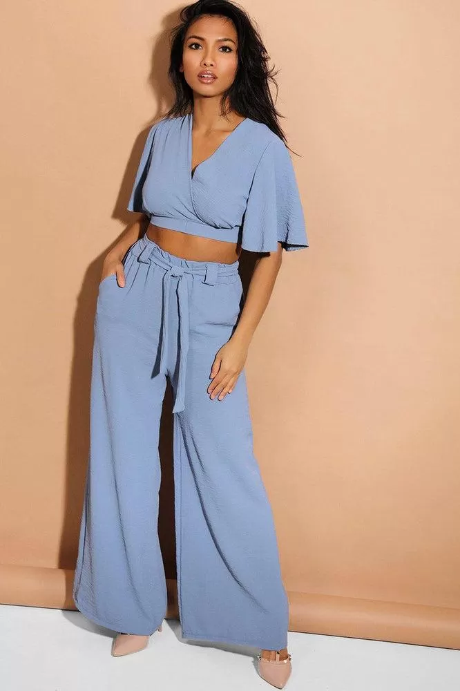 Blue Back Tie Crop Top And Palazzo Trousers Set