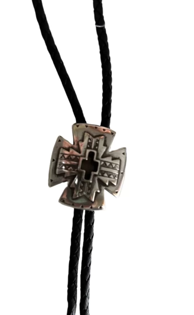 Bolo Tie Silver and Black Cross