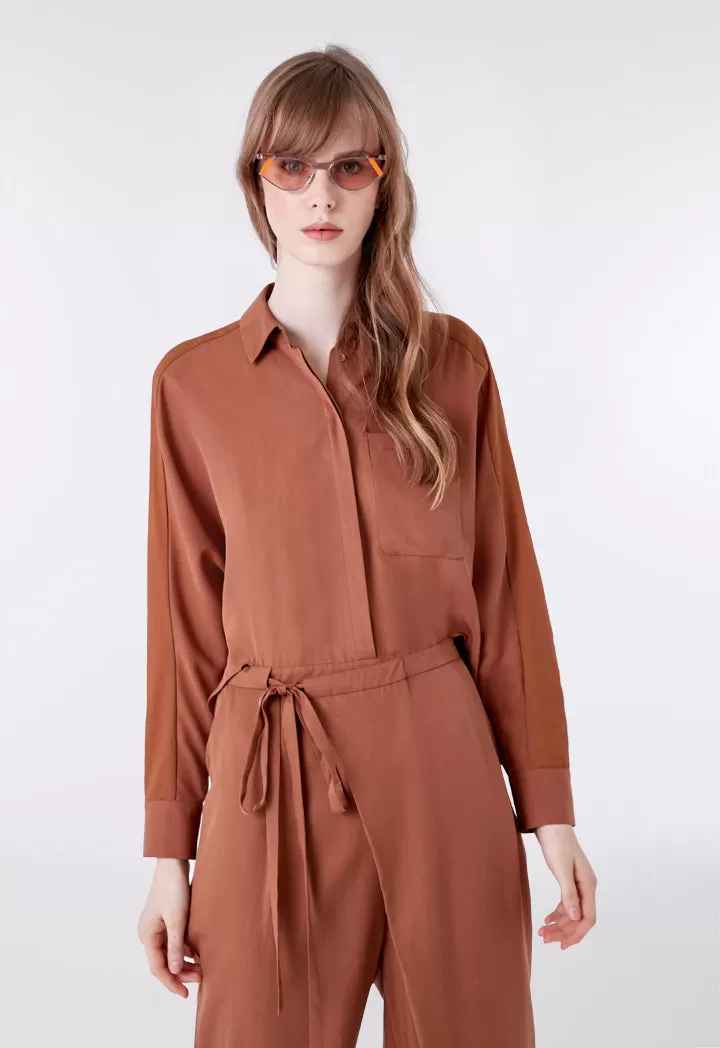 Brown Tie Front Overlap Jumpsuit