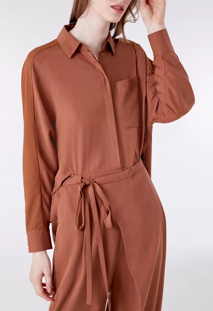 Brown Tie Front Overlap Jumpsuit