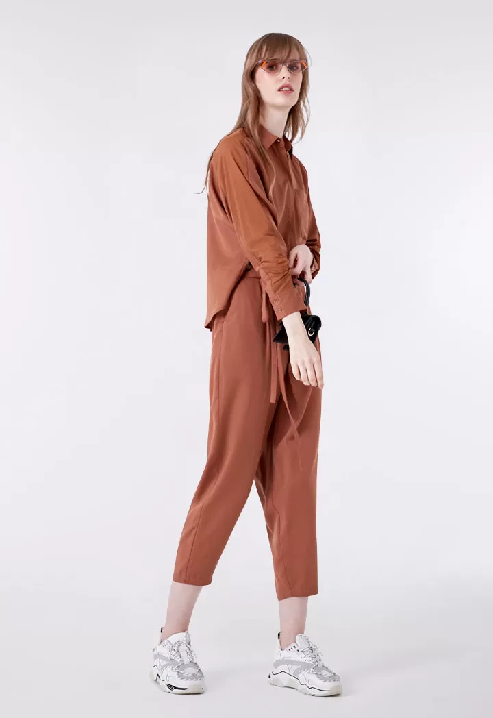 Brown Tie Front Overlap Jumpsuit