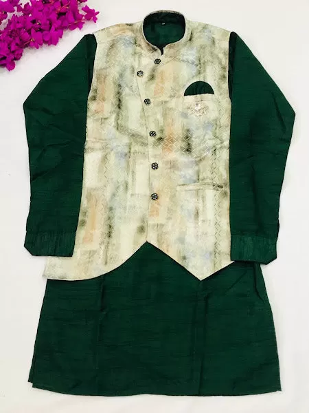 Elegant Designer Green Color Silk kurta With Printed Nehru Jacket