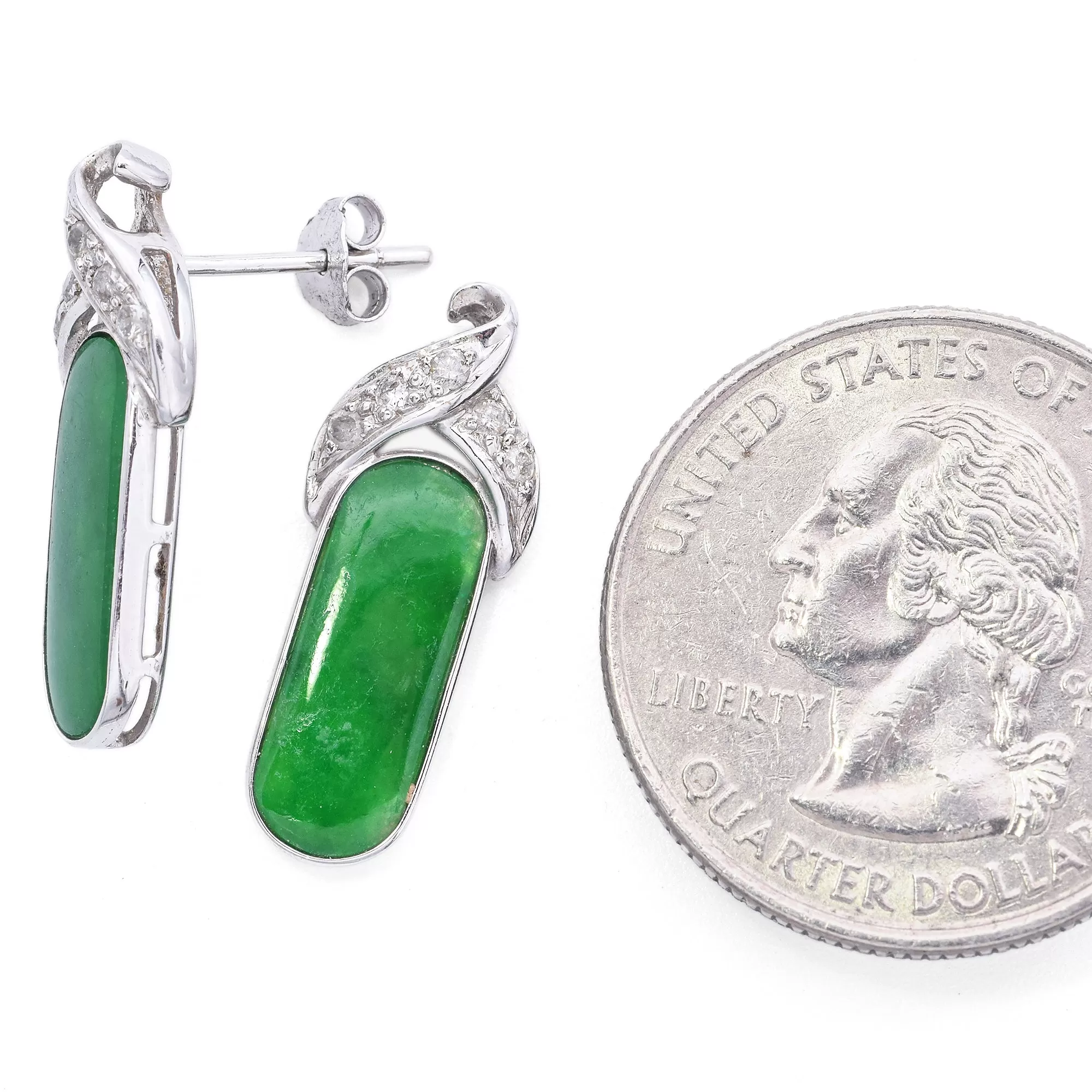 Estate 14K White Gold Green Jade & Diamond Drop Earrings