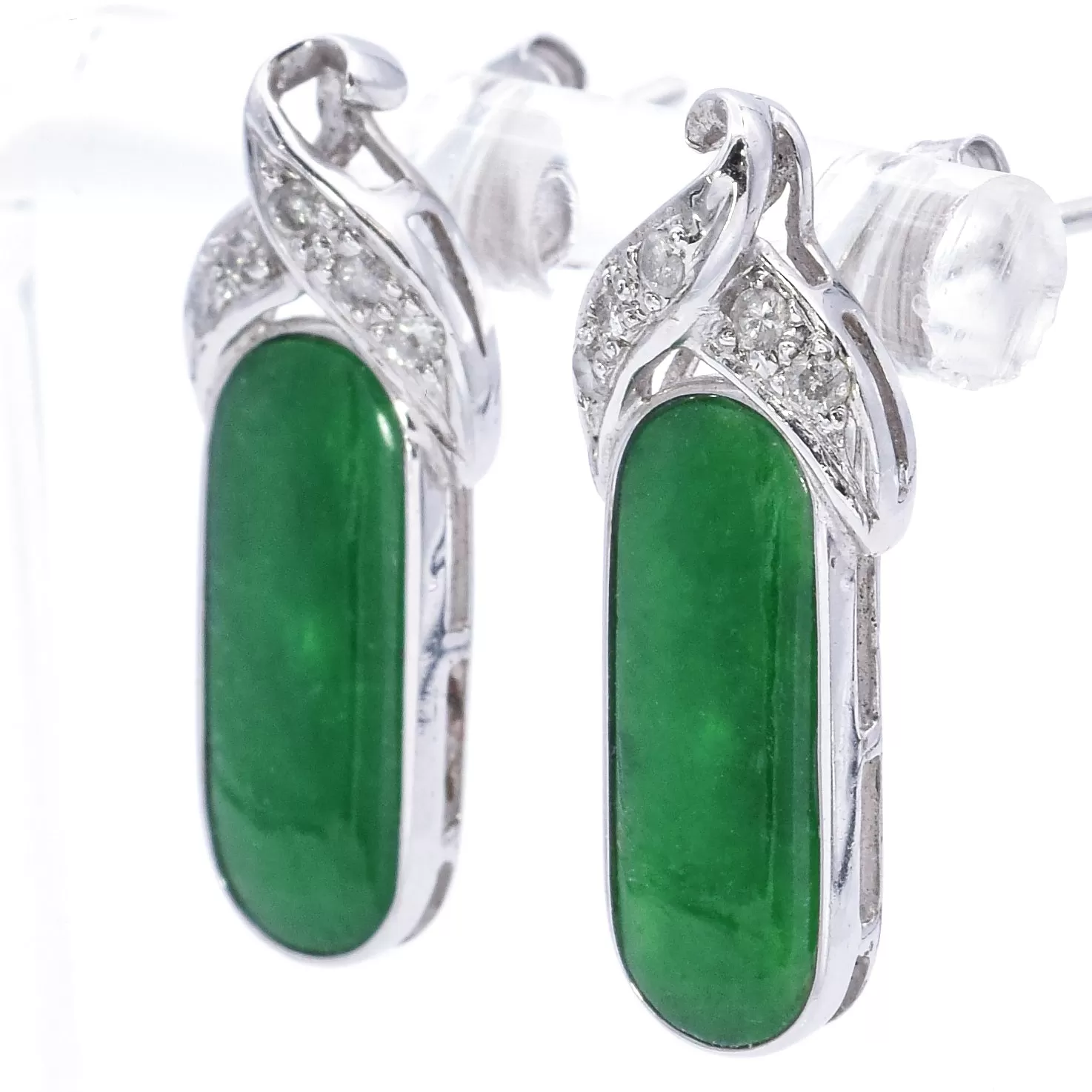 Estate 14K White Gold Green Jade & Diamond Drop Earrings