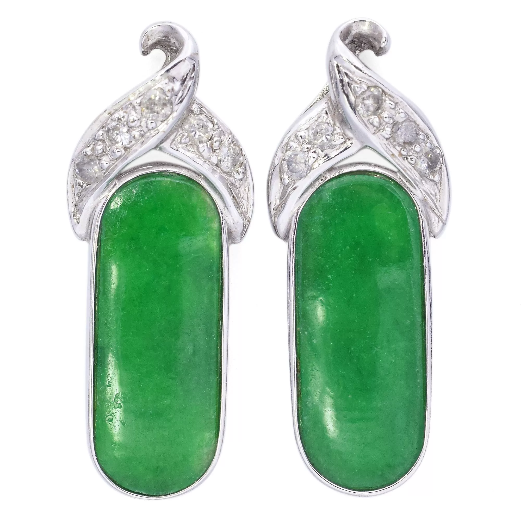 Estate 14K White Gold Green Jade & Diamond Drop Earrings