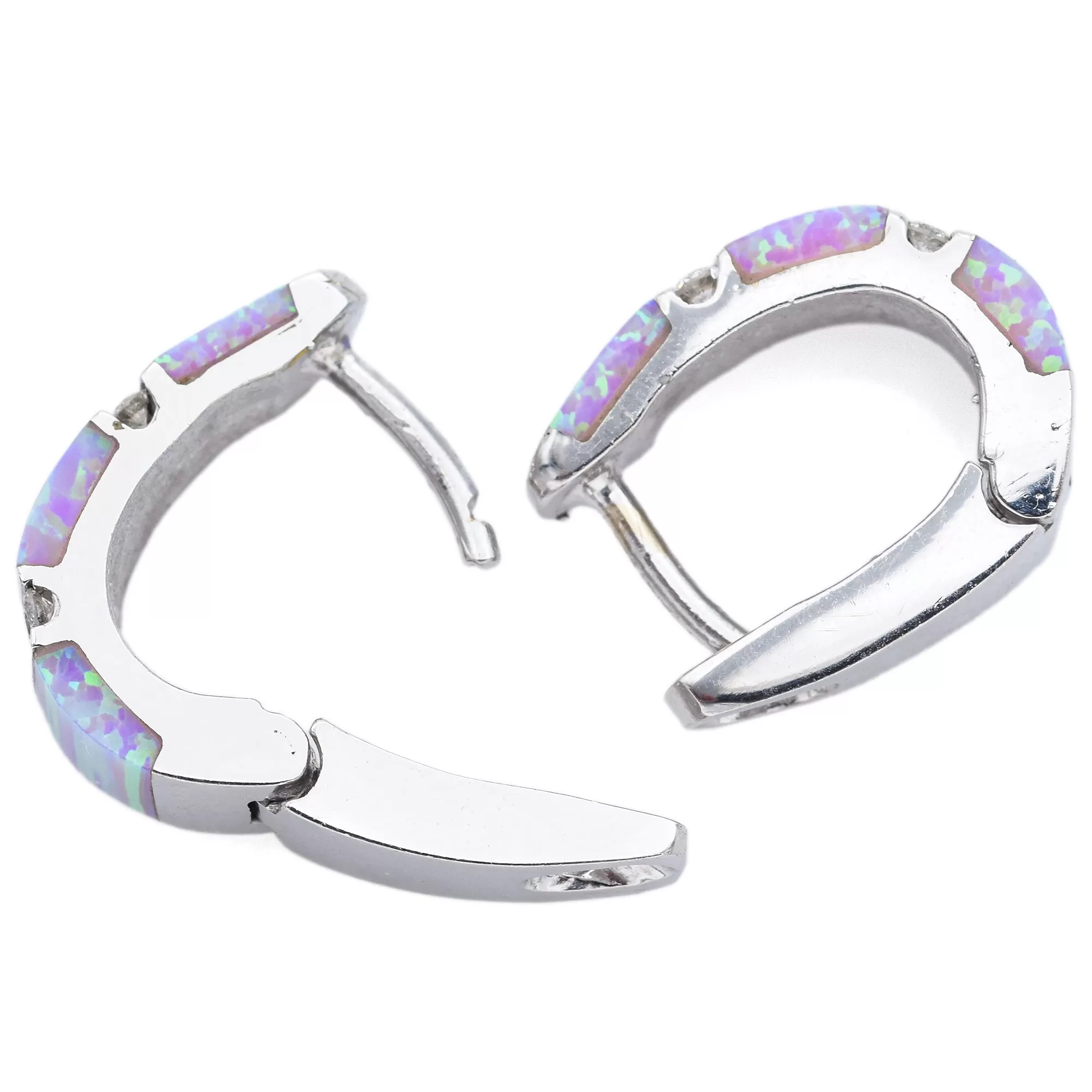 Estate 14K White Gold Lab Opal and Diamond Hoop Earrings