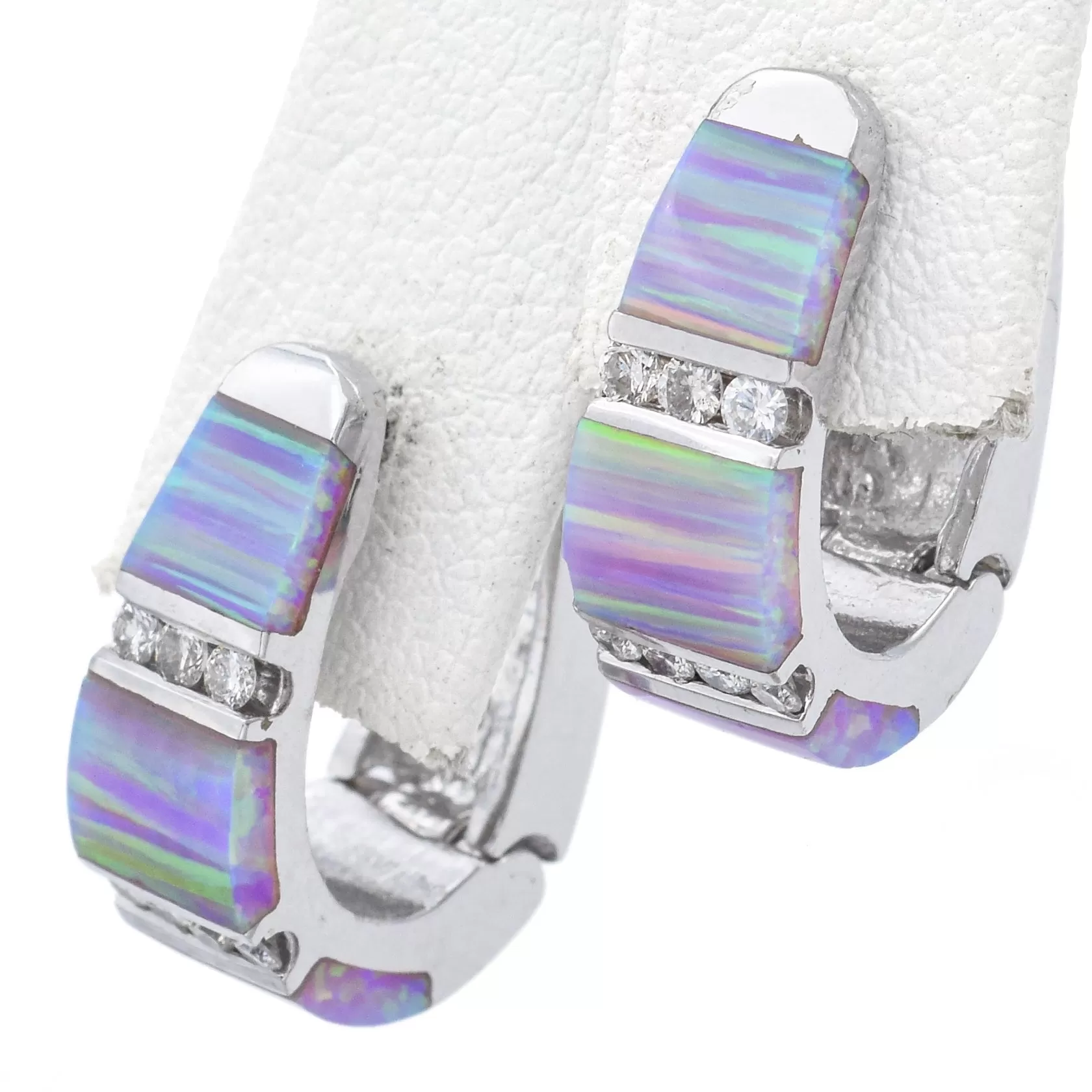 Estate 14K White Gold Lab Opal and Diamond Hoop Earrings