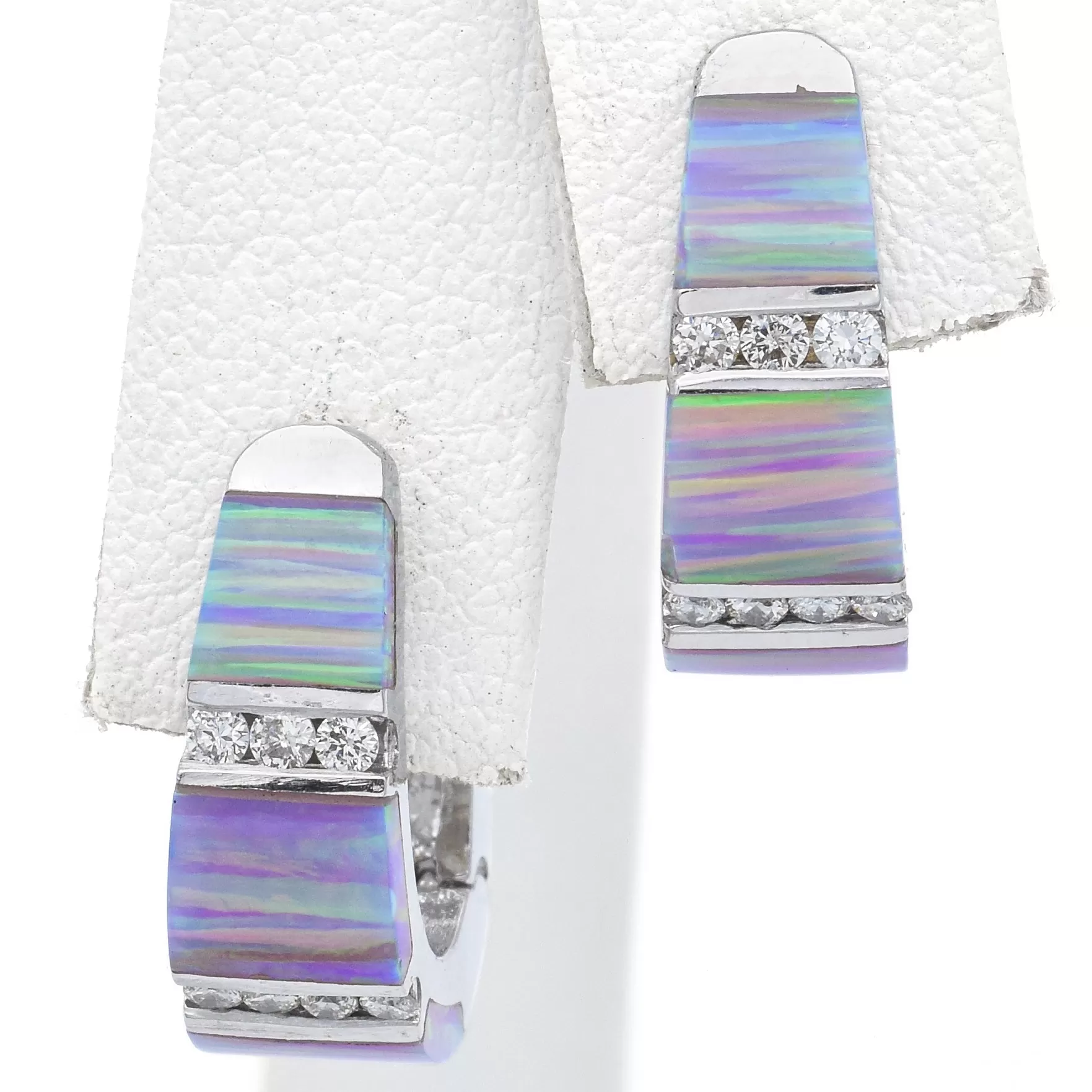 Estate 14K White Gold Lab Opal and Diamond Hoop Earrings