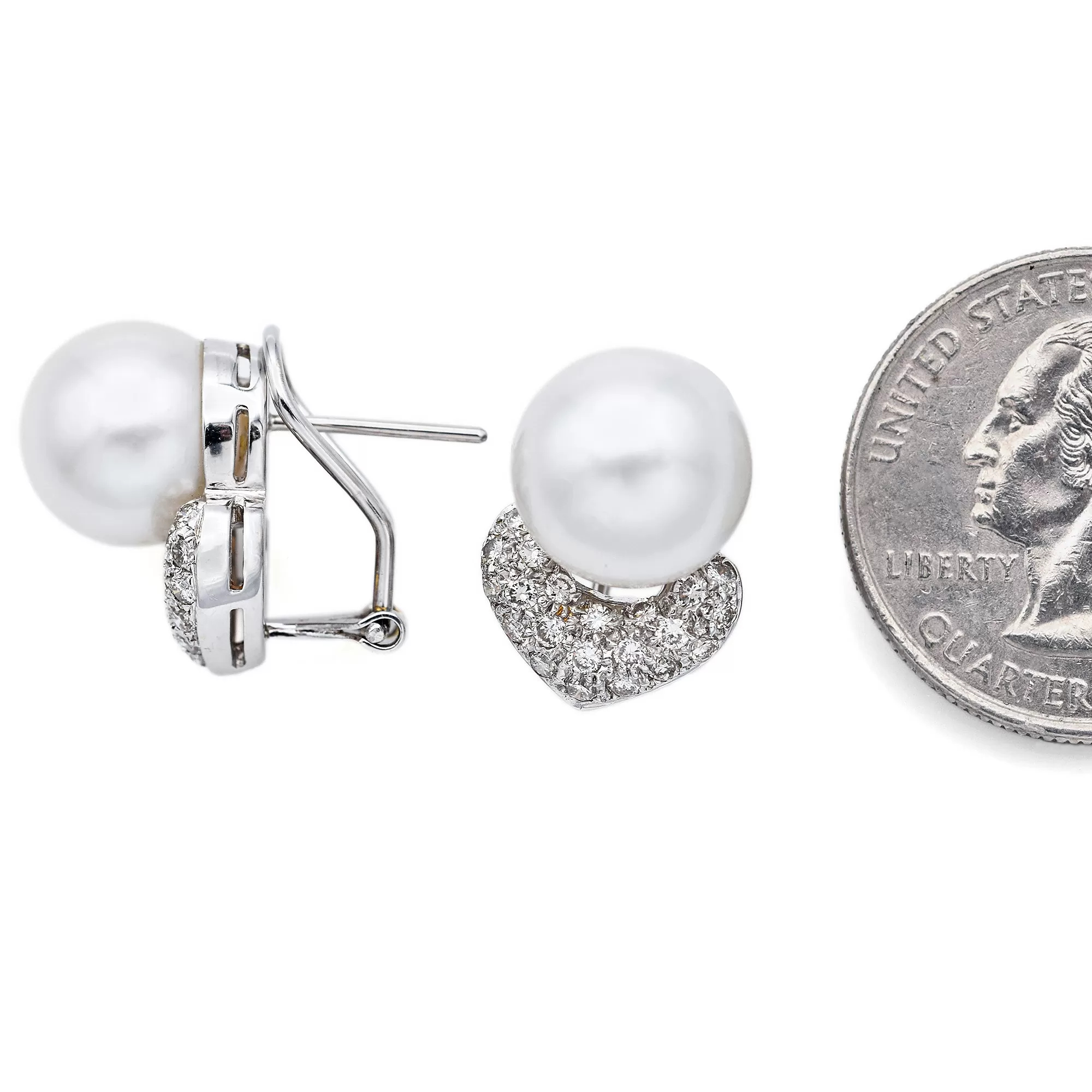 Estate 18K White Gold Pearl & 0.63 TCW Diamond Omega Back Earrings