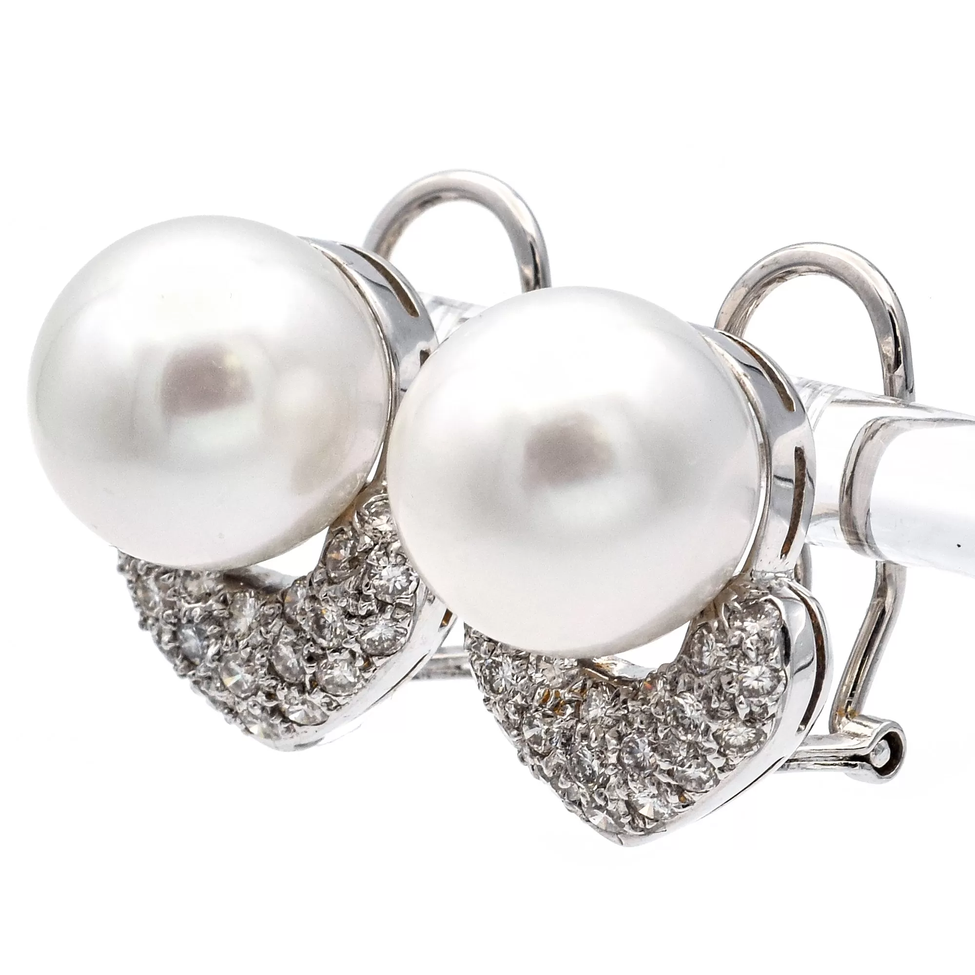 Estate 18K White Gold Pearl & 0.63 TCW Diamond Omega Back Earrings