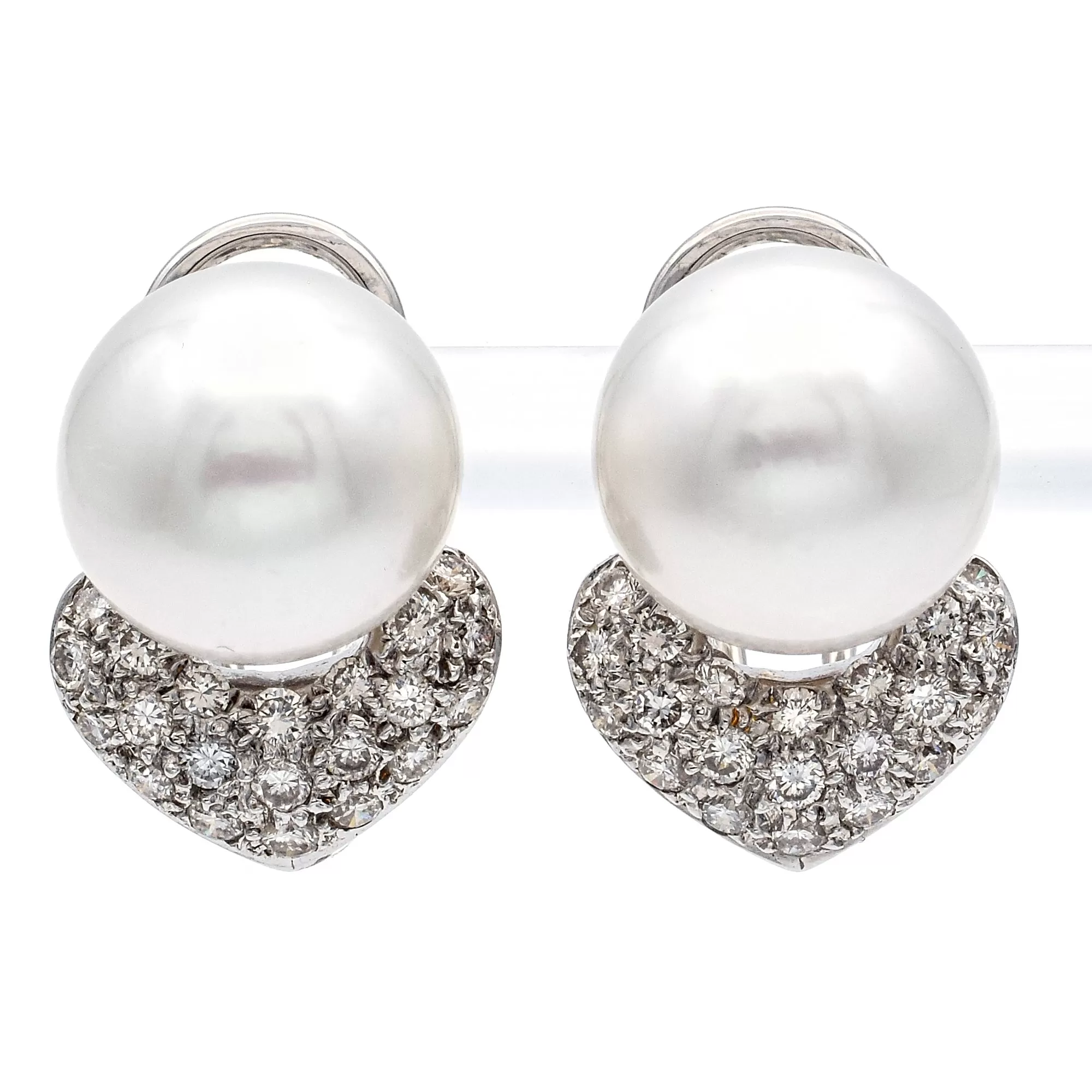 Estate 18K White Gold Pearl & 0.63 TCW Diamond Omega Back Earrings