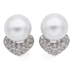 Estate 18K White Gold Pearl & 0.63 TCW Diamond Omega Back Earrings