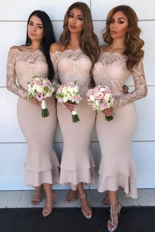 Long Sleeves Mermaid Sheath Lace Bridesmaid Dress