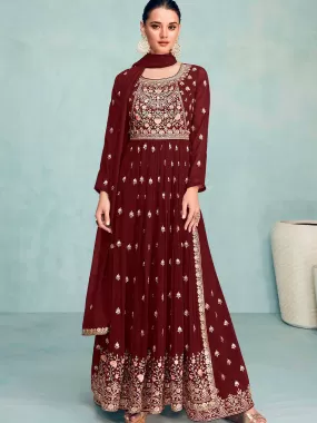 Odette Women Maroon Faux Georgette Embroidered Semi Stitched Palazzo Suit