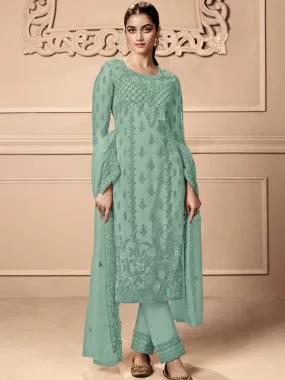 Odette Women Sea Green Embroidered Georgette Semi Stitched Palazzo Suit