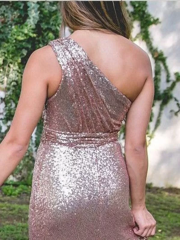 One shoulder Rose Gold Column Sequined Bridesmaid Dress