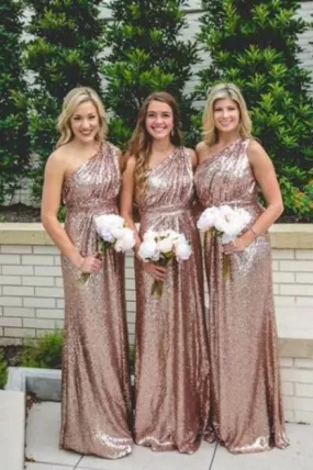 One shoulder Rose Gold Column Sequined Bridesmaid Dress