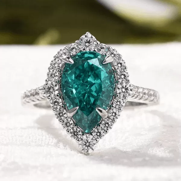 Paraiba Tourmaline Halo Pear Cut  Sterling Silver Engagement Ring