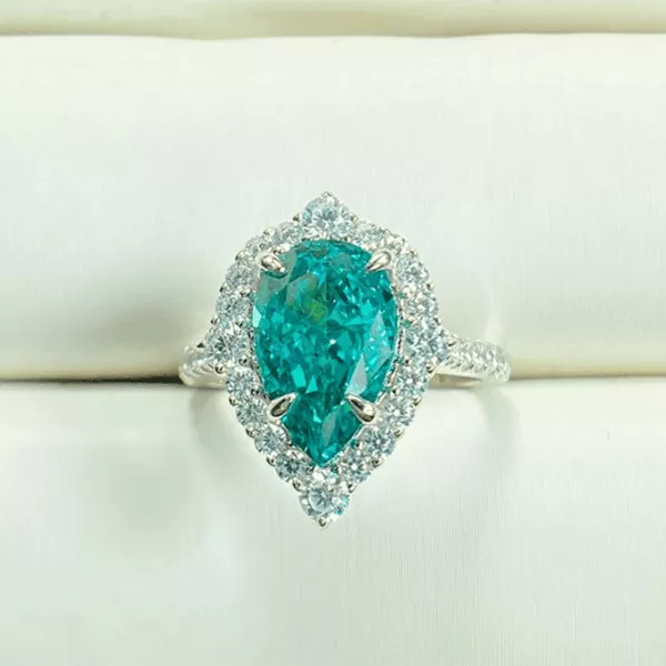 Paraiba Tourmaline Halo Pear Cut  Sterling Silver Engagement Ring