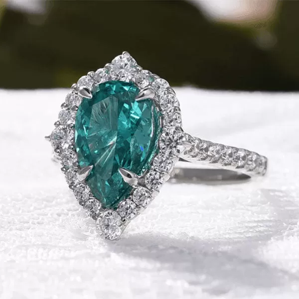 Paraiba Tourmaline Halo Pear Cut  Sterling Silver Engagement Ring