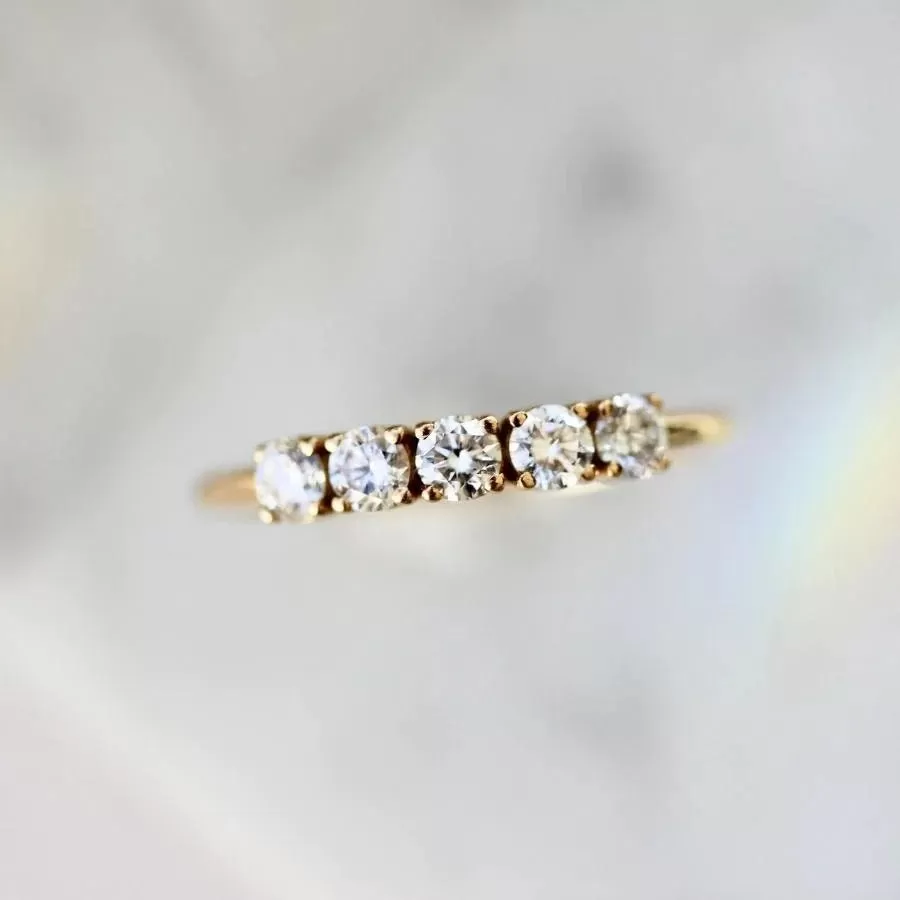 Round Five Stone Diamond Delicate Solitaire Accent Half Eternity Wedding Band