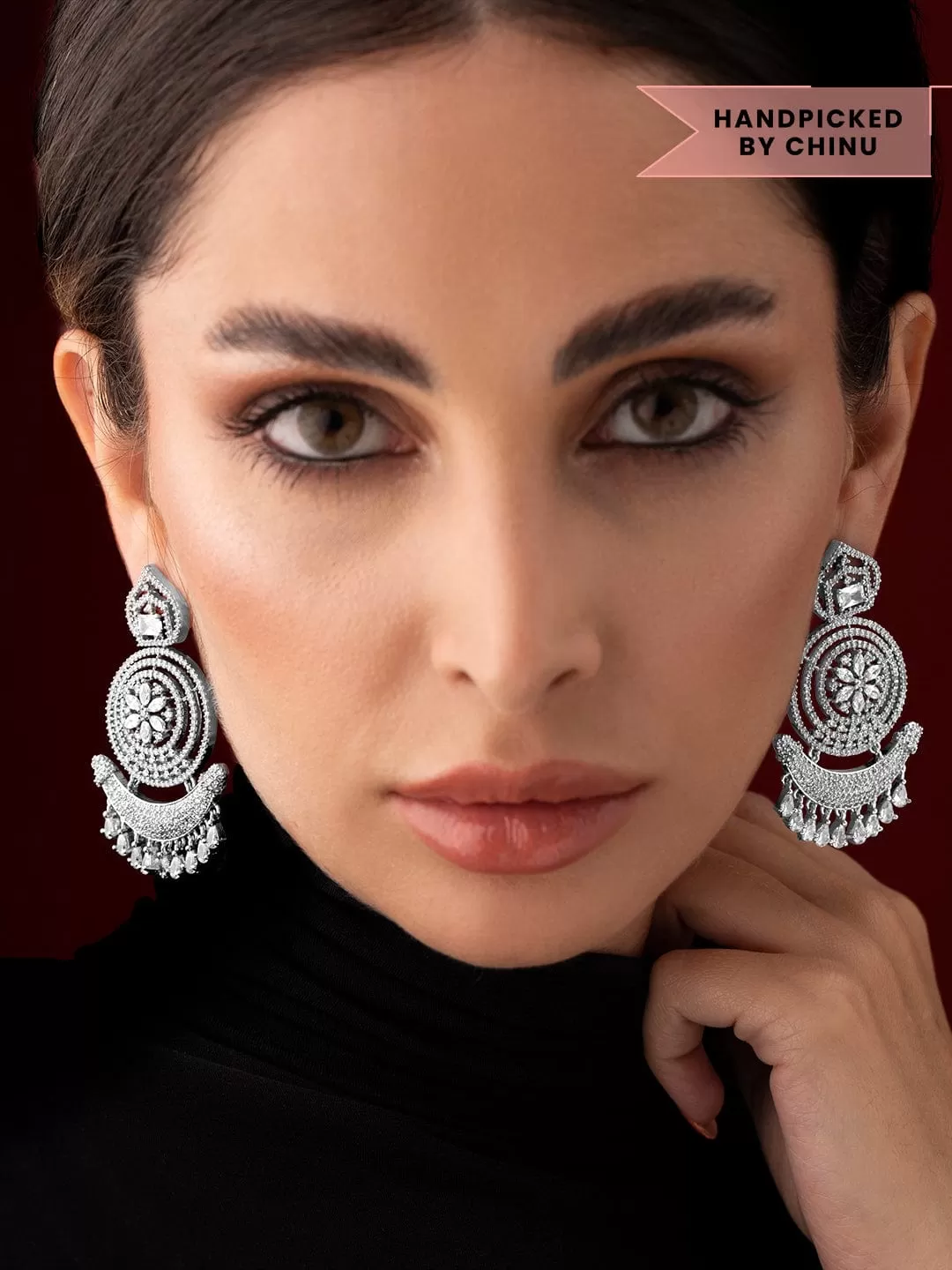 Rubans Silver Plated American Diamond Earrings With Studded Stones.