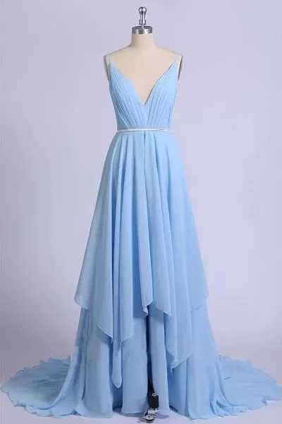 Sexy Sky Blue Spaghetti Long Prom Dresses, Chiffon Backless Evening Dresses