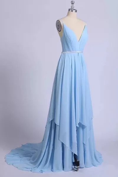 Sexy Sky Blue Spaghetti Long Prom Dresses, Chiffon Backless Evening Dresses