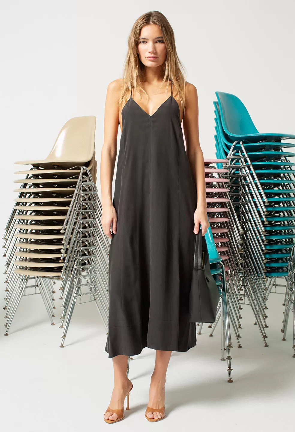 Silk Racerback Midi Dress / Black