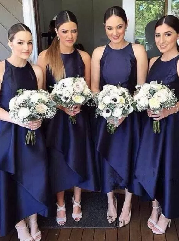 Simple Tea-Length Jewel Navy Blue Tiered Bridesmaid Dress