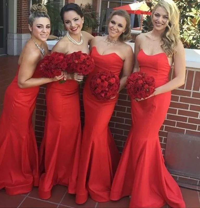 Strapless Red Sweetheart Chic Mermaid Long Bridesmaid Dress