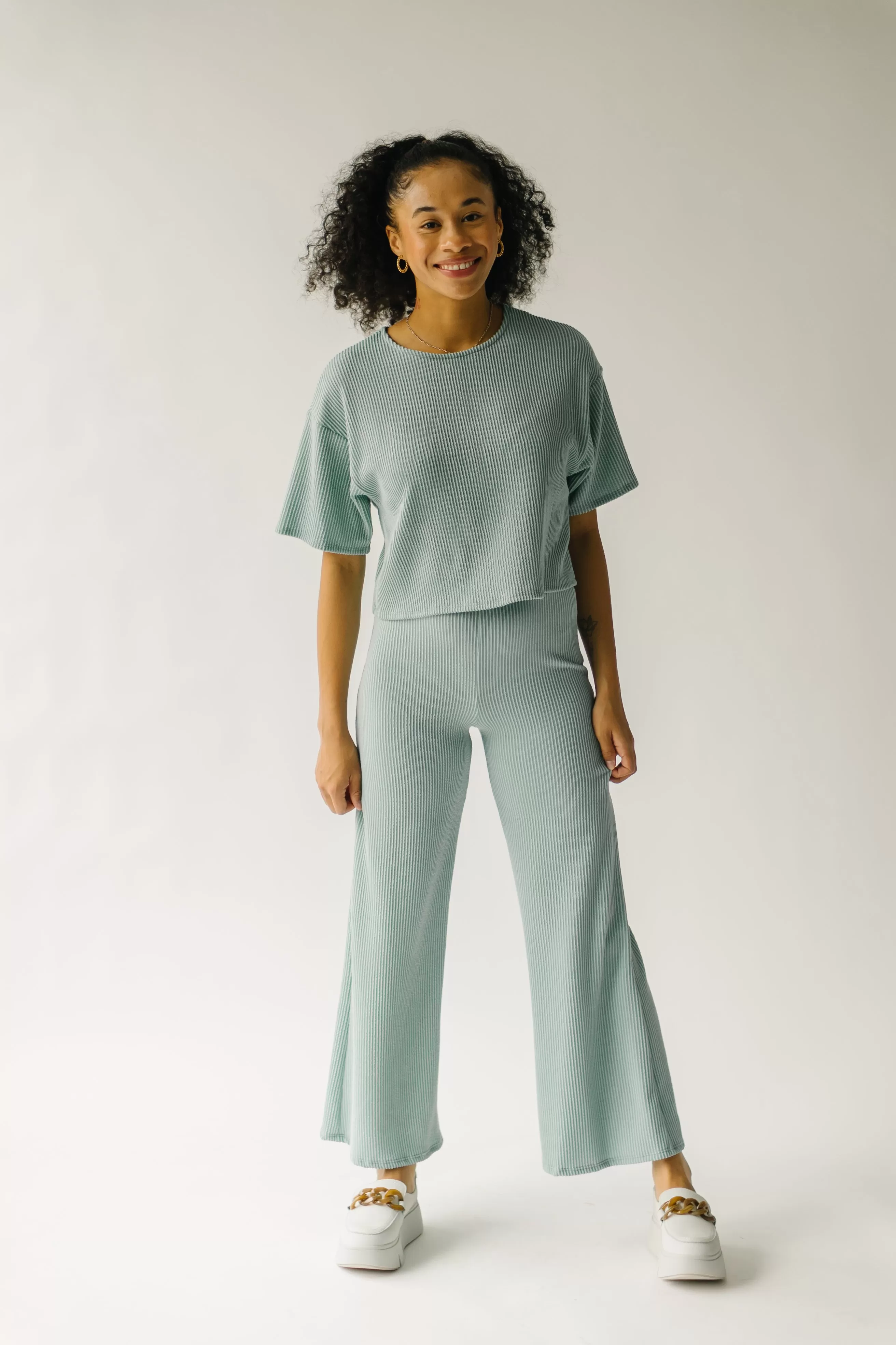 The Swift Ribbed Wide Leg Pant in Sage