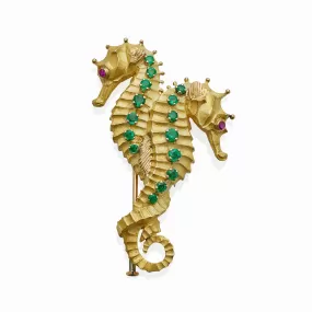 Tiffany & Co. Georges Lenfant 18k Gold and Emerald Double Seahorse Brooch